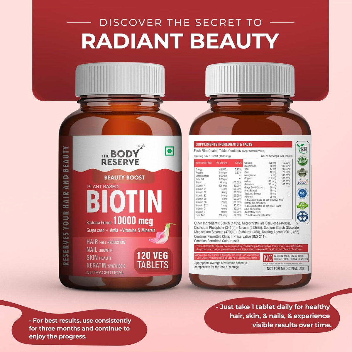 Two bottles of The Body Reserve Biotin supplement on a pink background with promotional text.