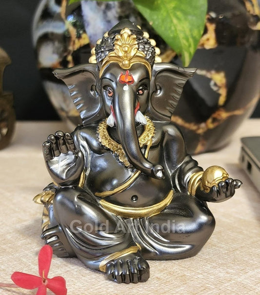 Gold Art India Gaddi Ganesha Idol (3.5") - Magnet Color with Golden Jewelry - Perfect for Car Dashboards, Offices, and Homes, Synthetic Resin, Idol
