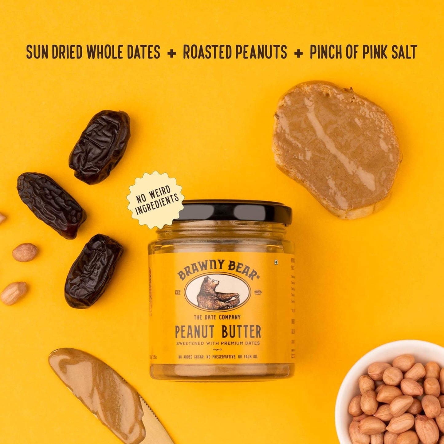 Brawny Bear Peanut Butter, 100% Natural Sweetened with Dates, Smooth Healthy Nut Butter with No Added Sugar and Preservatives, Low Gl, Vegan, High in Protein Spread - 500 gms