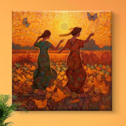 Sunset Garden Canvas Wall Art, Dancing Figures in Floral Field, Orange and Brown Tones, Modern Home Decor 16 Inch x 16 Inch CVS-38127