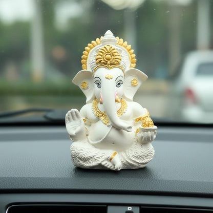 Yaa Catchy White & Gold Ganesha Idol Car Dashboard Idol Ganesha Murti Ganpati Idol for Home Decor Pooja Lord Ganesh Statue Gift for Office Desk Pooja Room (Ganesha Resin White & Gold)