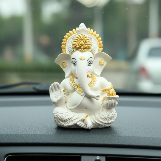 Yaa Catchy White & Gold Ganesha Idol Car Dashboard Idol Ganesha Murti Ganpati Idol for Home Decor Pooja Lord Ganesh Statue Gift for Office Desk Pooja Room (Ganesha Resin White & Gold)
