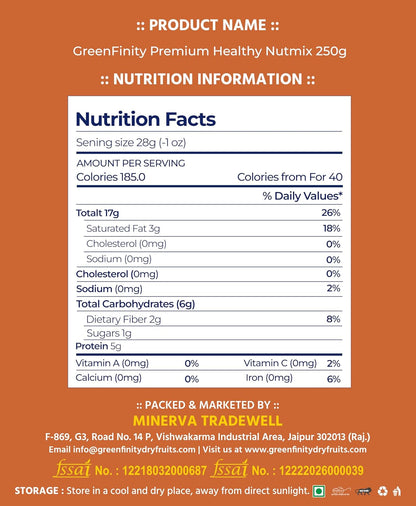 PrettyNutty Healthy Nutmix 250g, Dried Almonds, Black Raisins, Cashewnuts, Cranberries, Green Raisins, Walnut Kernels & Many More.