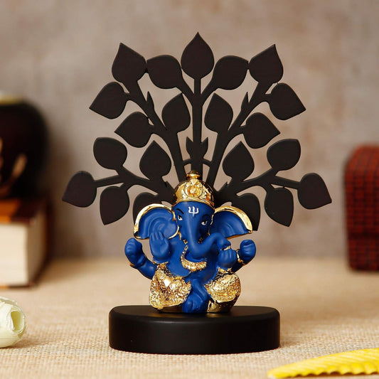 Gold Plated Blue Dhoti Ganesha Decorative Showpiece with Wooden Tree for Home/Temple/Office/Car Dashboard
