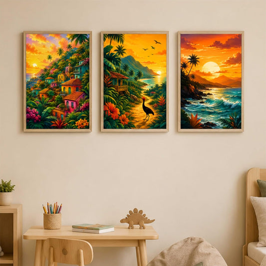 Set of 3 Tropical Sunset Landscape Wall Paintings for Living Room Dining Bedroom Home Decor with Premium Wooden Color Synthetic Frame (13.5 x 19.5 Inch) NM03-75