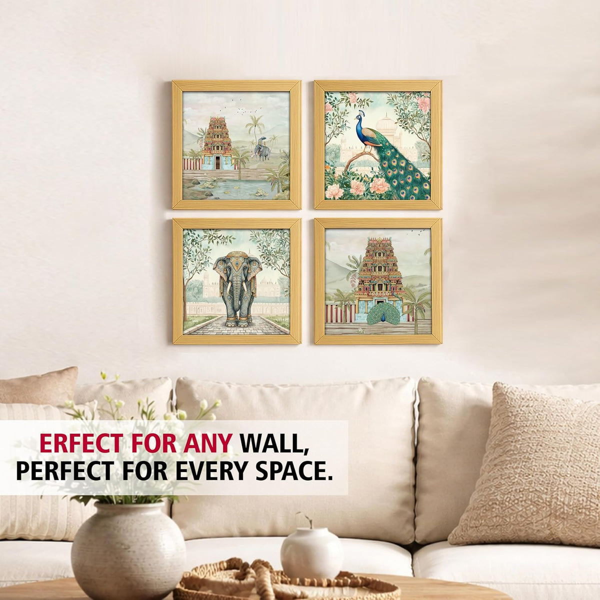 Rousrie Aesthetic Madhubani Art Paintings For Living Room, Bedroom, Multicolor, Natural Wood Color Frames, 8.0 x 8.0 inch, Set of 4