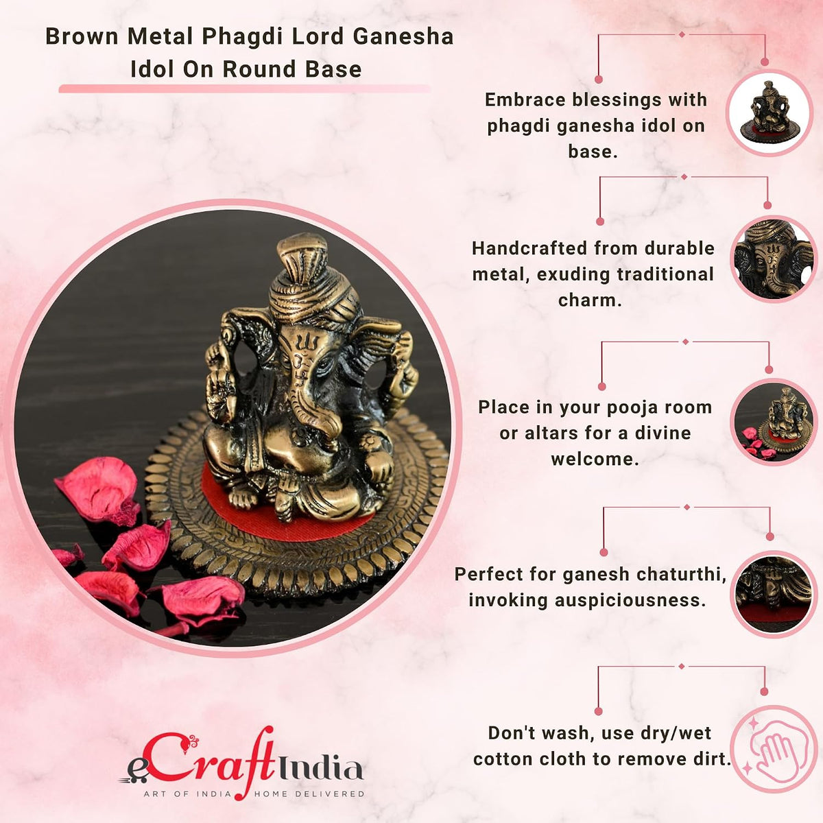 Pagdi Metal Lord Ganesha on Round Base (10.2 cm x 10.2 cm x 7.6 cm, Brown)