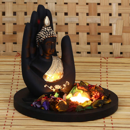 eCraftIndia Black Golden Resin Palm Buddha Statue Potpourri Tea Light Holder| Lord Buddha Statue for Living Room| Gautam Buddha Idol for Home Decor| Showpiece for Diwali Buddha Purnima Housewarming