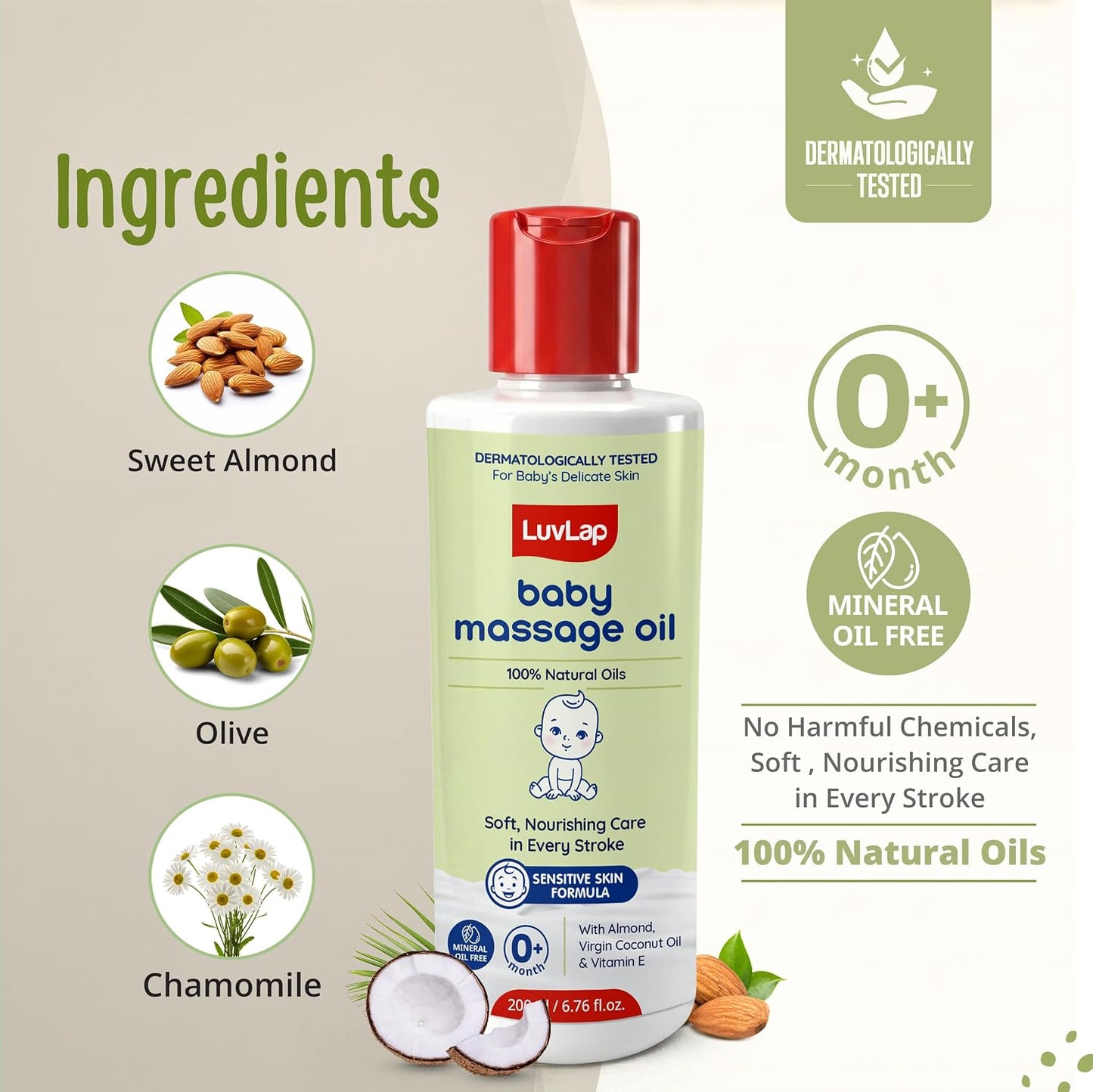 LuvLap Baby Massage Oil with Almond, Virgin Coconut Oil & Vitamin E, Deep Nourishing, Skin Repair & Relaxation, Ayurvedic Non-Sticky Oil for Soft New Born Skin, 100% Natural, Derma Safe, 200ml