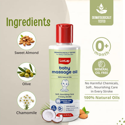LuvLap Baby Massage Oil with Almond, Virgin Coconut Oil & Vitamin E, Deep Nourishing, Skin Repair & Relaxation, Ayurvedic Non-Sticky Oil for Soft New Born Skin, 100% Natural, Derma Safe, 200ml
