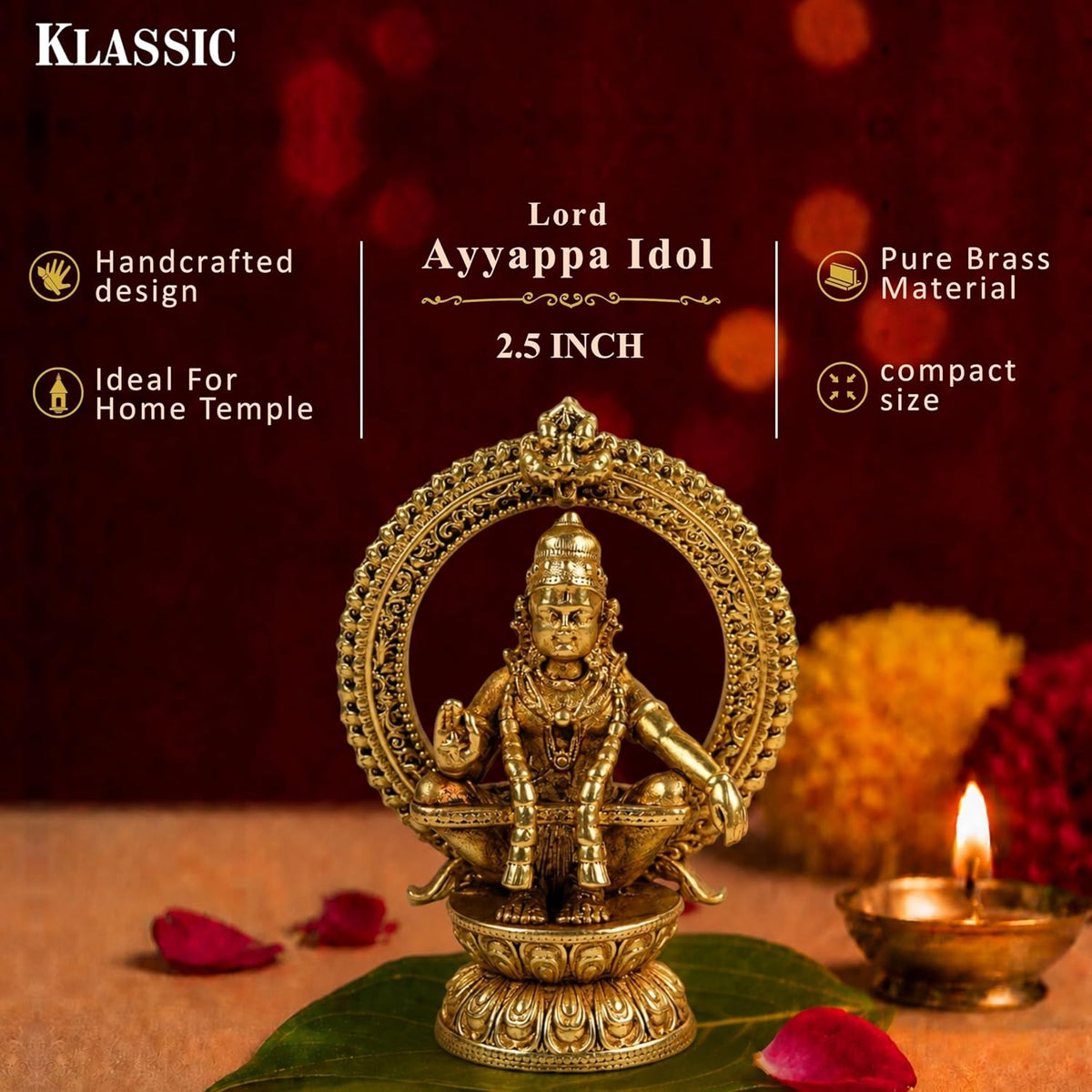 2.5 Inch Pure Brass Lord Ayyappa Idol | Decorative Murti for Home Temple, Mandir, Office Desk & Puja Room | Spiritual Showpiece, Festive Gift & Religious Home Decor