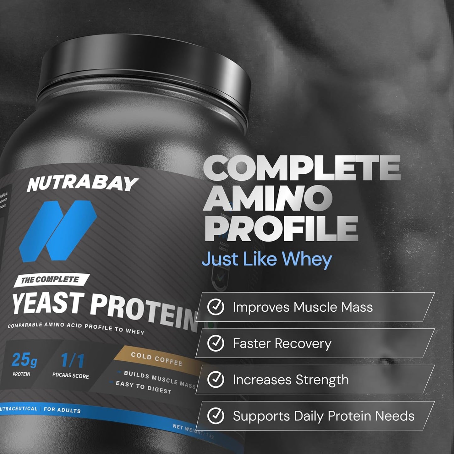 Nutrabay Yeast Protein Powder - 1kg, Cold Coffee | 25g Protein & 6.7g BCAA Per Scoop | All 9 EAAs | PDCAAS of 1 | Lactose Free, Soy Free | Superior Muscle Growth & Recovery