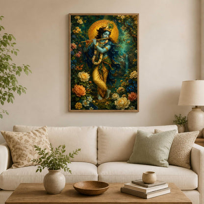 Lord Krishna Flute Wall Painting for Living Room Bedroom Hall Office Decor, Devotional Floral Artwork with Sparkle Laminate and Premium Wooden Synthetic Frame (13.5 x 19.5 Inch) NM01-4104