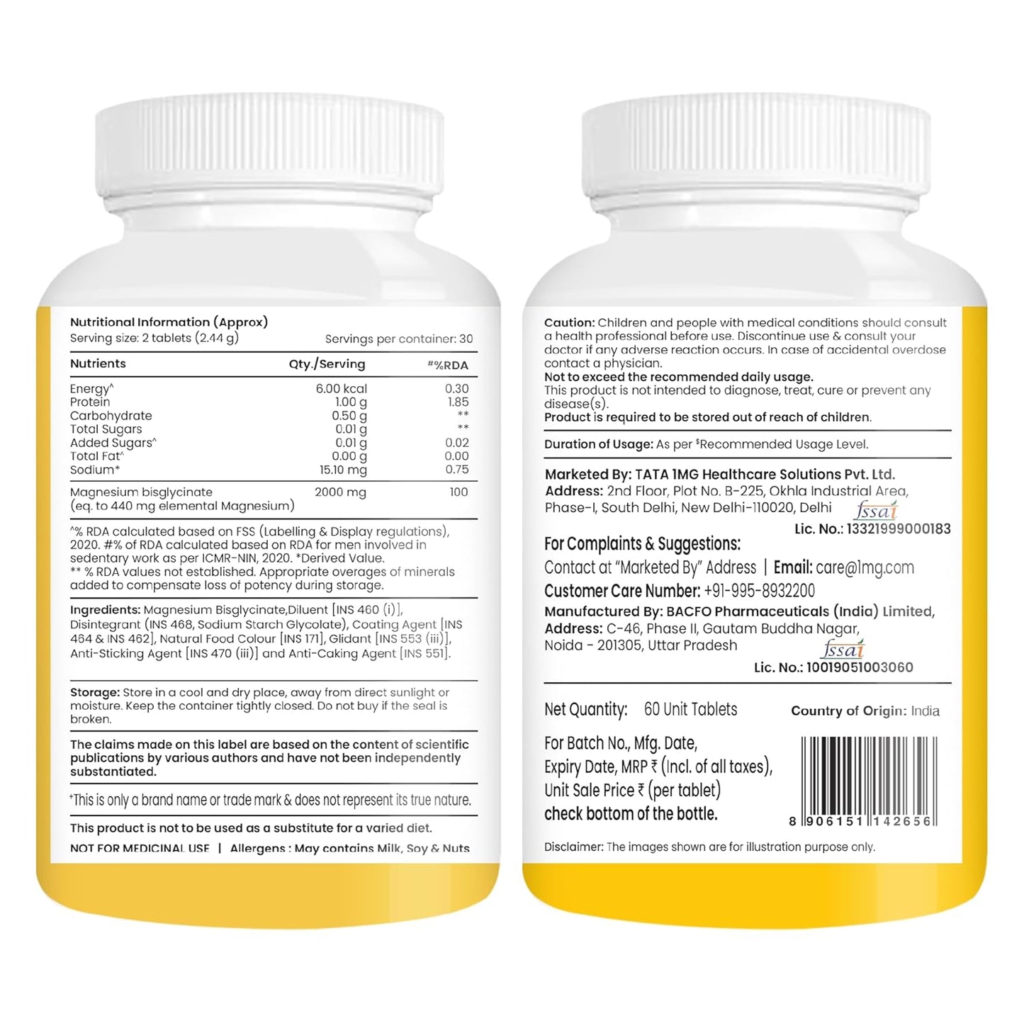 Tata 1mg Magnesium Glycinate Tablets |2000mg | High Absorption Chelated form for Muscle Recovery, Sleep & Nerve Health | 2000mg Per Serving – 60 Veg Tablets