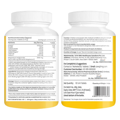 Tata 1mg Magnesium Glycinate Tablets |2000mg | High Absorption Chelated form for Muscle Recovery, Sleep & Nerve Health | 2000mg Per Serving – 60 Veg Tablets