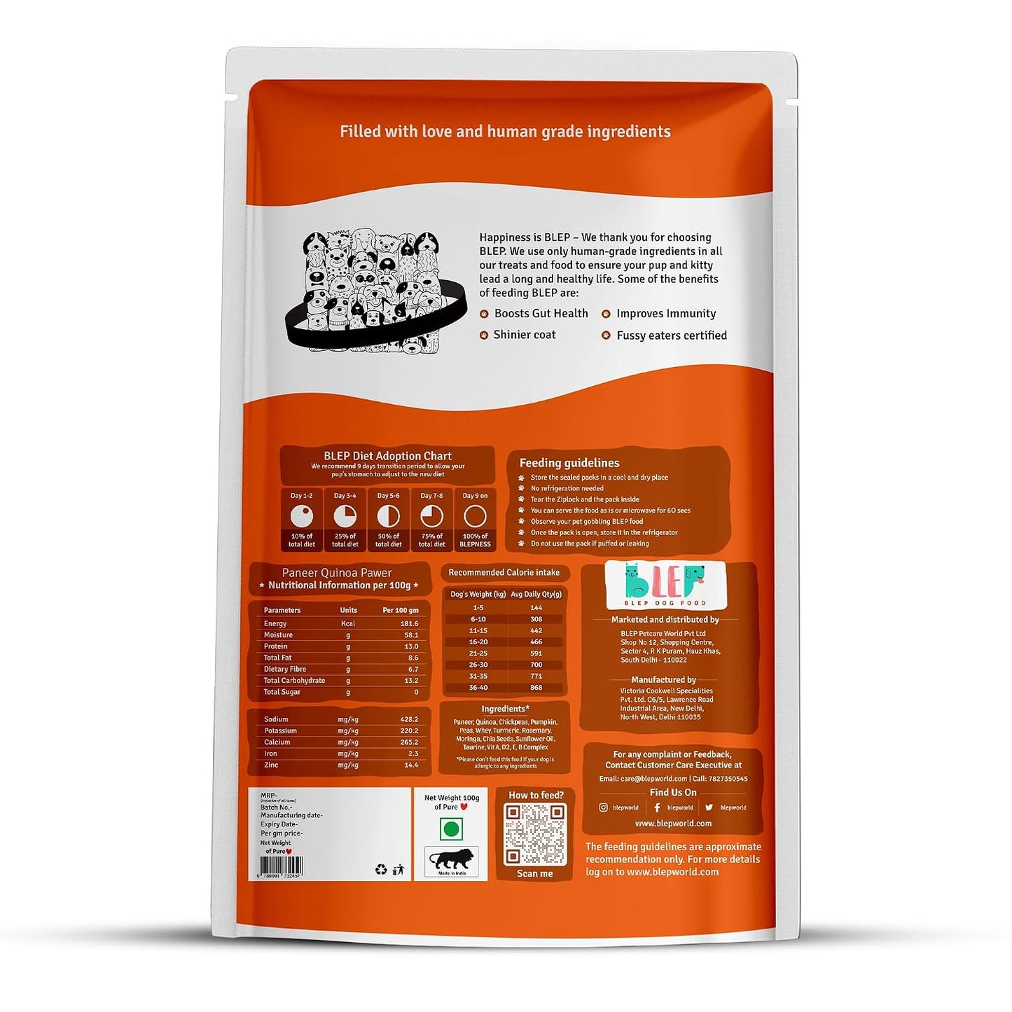 BLEP Fresh Dog Food (Wet) Human Grade, Grain Free|Paneer, Quinoa & Mixed Veggies|Omega 3, 6, Vitamin A, D, E, B|Zero Preservatives & Sugar|Easily Digestible|for All Dog Breeds|100g (Pack of 1)