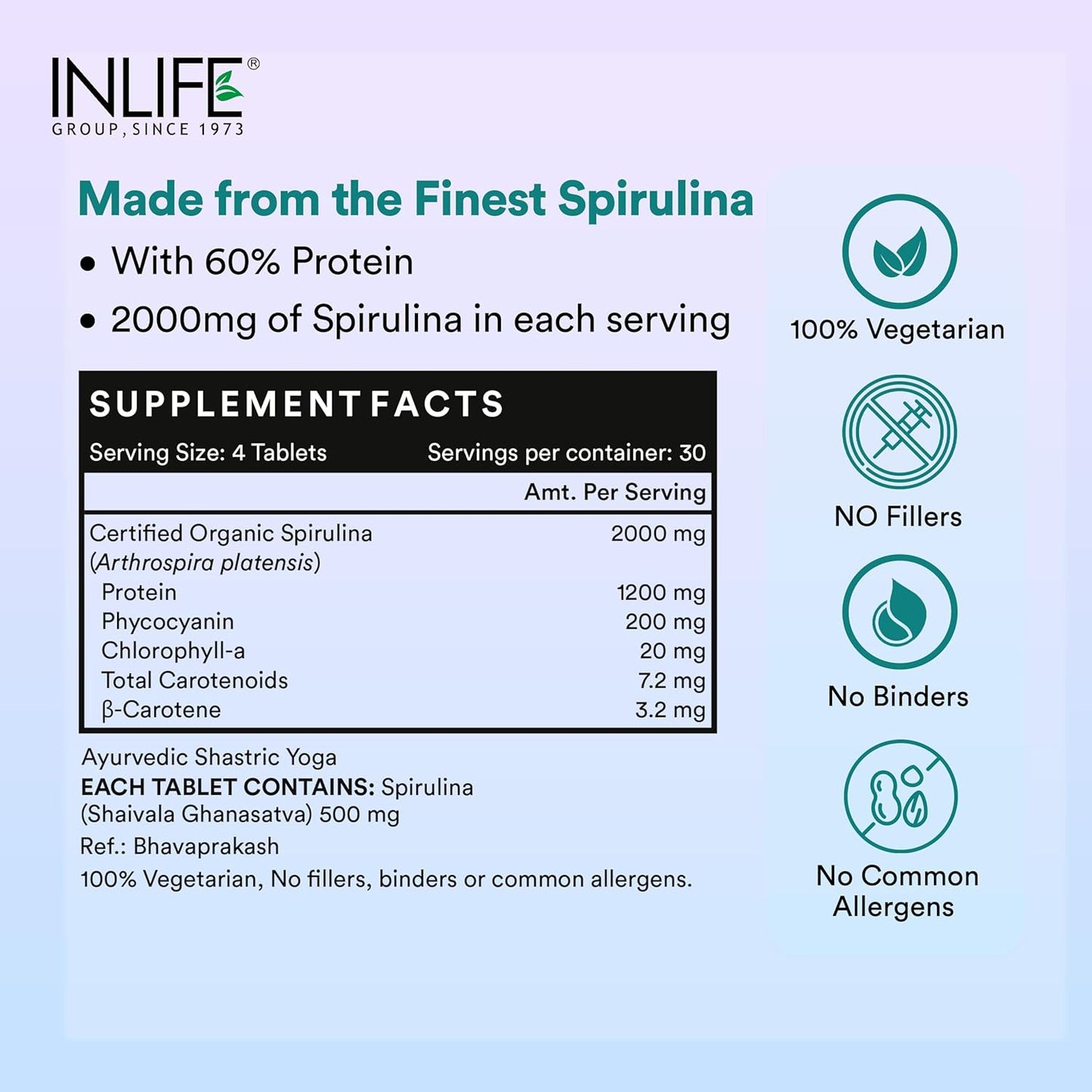 INLIFE Spirulina Tablets 2000 mg (per serving) | Green Superfood Supplement | Nutritional Supplement Protein Fiber Antioxidants - 120 Tablets (Pack of 1, 120, count)