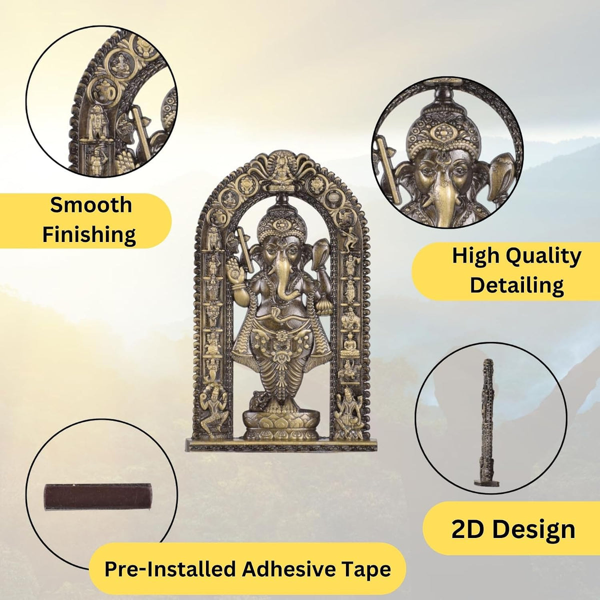 Ganesh with Frame Idol for Car Dashboard – Brass Finish Compact Ganpati Ji Murti for Temple, Car & Office Decor (S913-BRS)