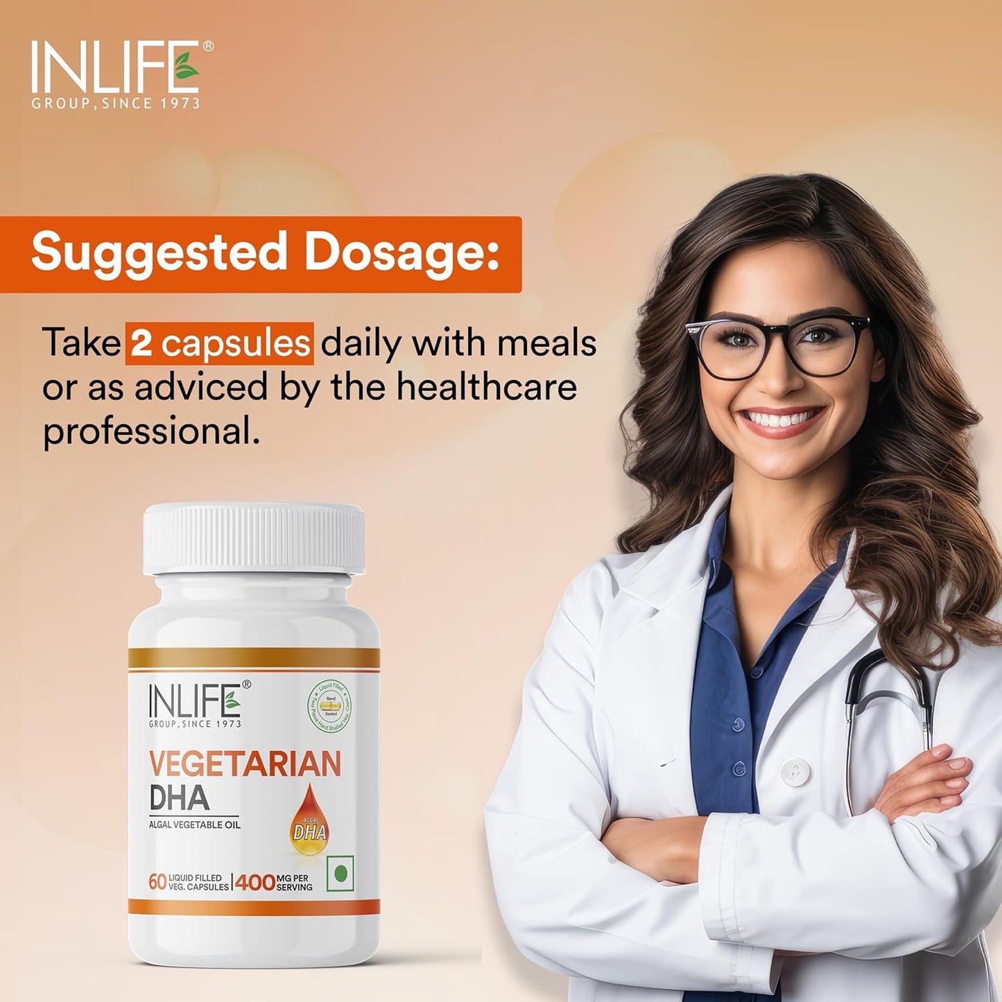 INLIFE Plant Based Omega 3 Supplement | DHA 400mg from Algal Oil | Skin, Eye, Bone, Joint Health - 60 Liquid Filled Vegetarian Capsules (Pack of 1)