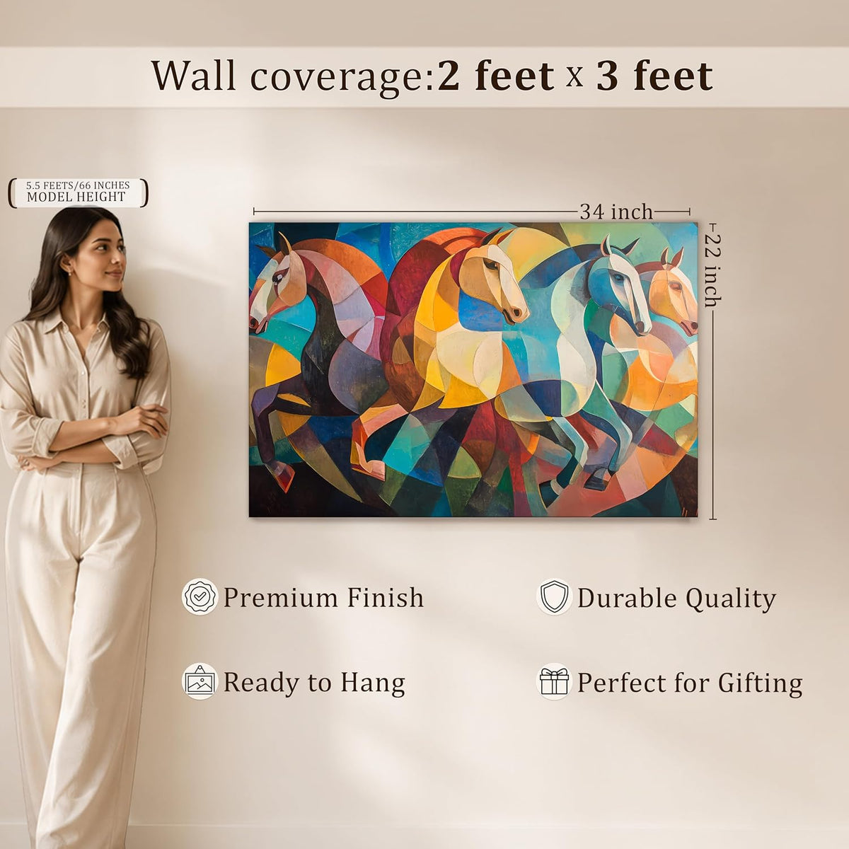 Landscape Abstract Wall Art Four Running Horses Vastu Multicolor | Digital Painting on Canvas Stretched on Wood | Perfect for Living Room, Bedroom, Office (22x34 Inch)