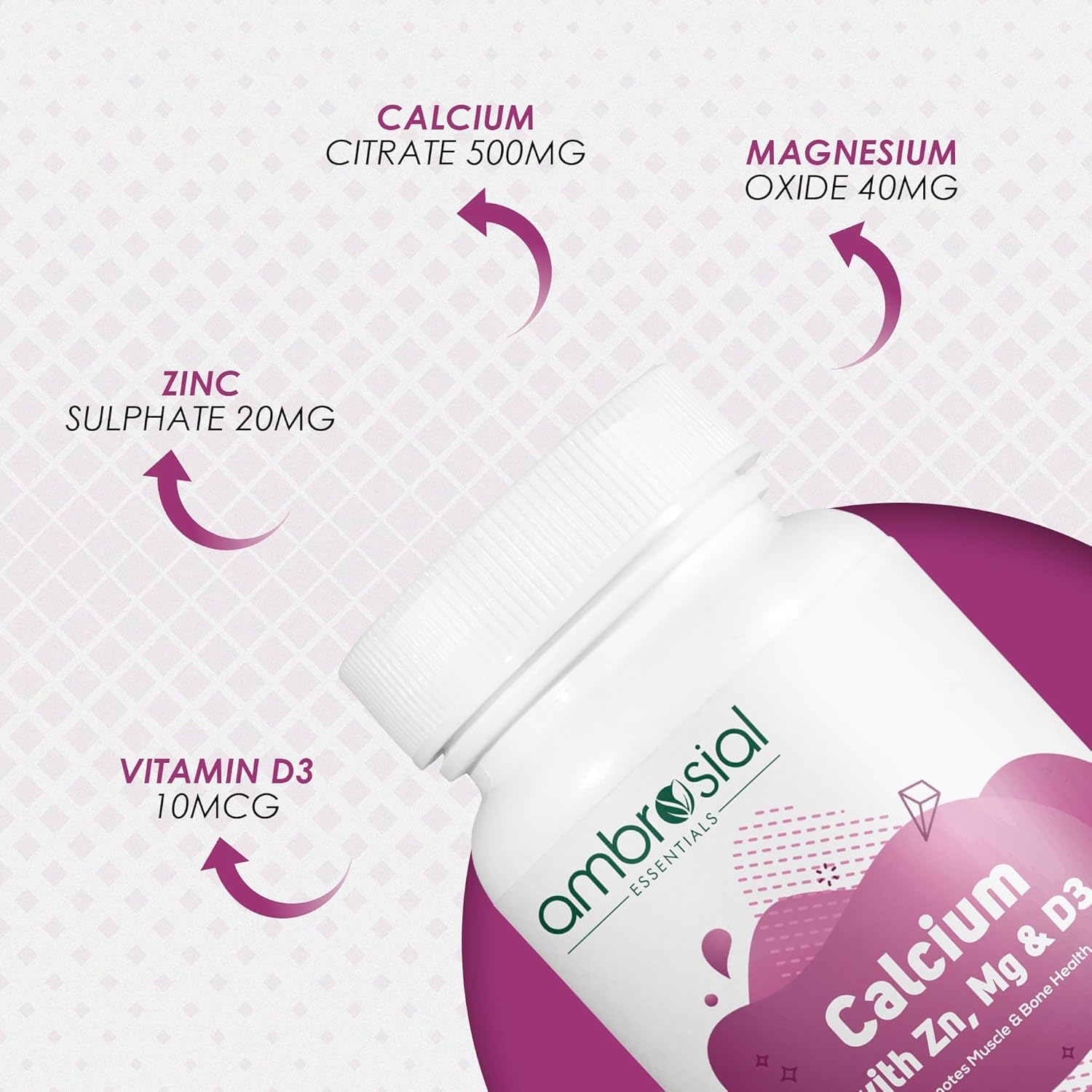 Supplement bottle with ingredients listed on a white background
