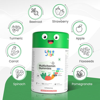 Little Joys Multivitamin Gummies for Kids | 2-6 Years | 30 Gummies | With 11 Vitamins & Minerals | Improves Immunity, Bone health & Antibody Production | No Added Sugar | Strawberry Flavour