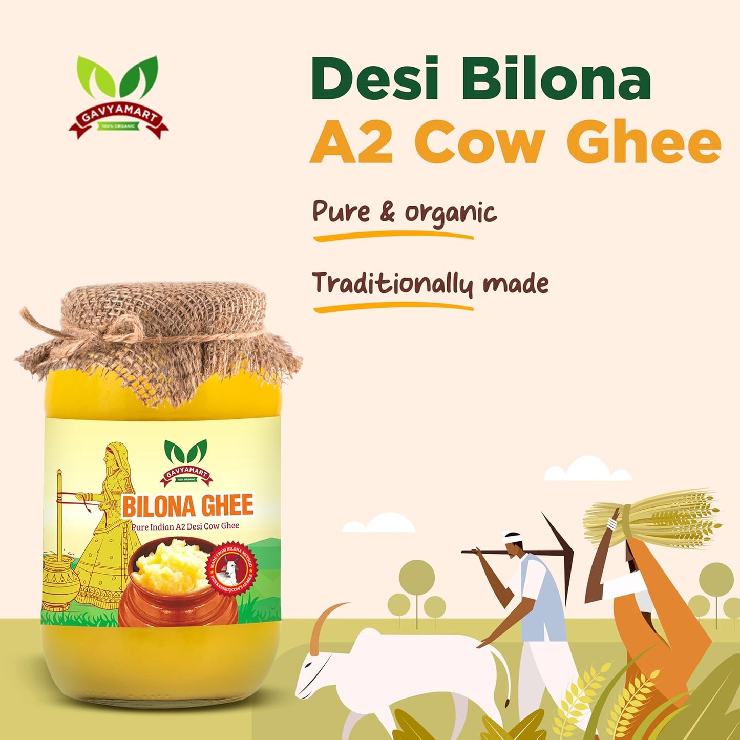 Gavyamart Ghee in Pantry, Bilona ghee 100% Fresh Pure Desi Kankrej Organic Non-GMO Cow Ghee-Made Using Traditional Bilona Method - Glass jar pack 500ml