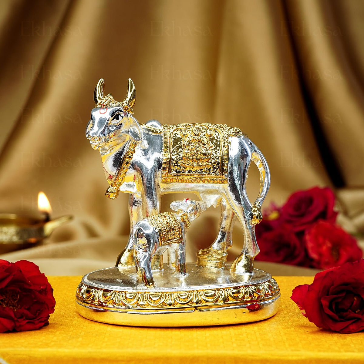 24 Carat Gold and 999 Silver Plated Kamdhenu Cow with Calf Vastu Idol | Gomatha Statue for Pooja | Silver Cow Calf Idol for Home Decor, Feng Shui, Good Luck, Gift for Griha Pravesh Ceremony