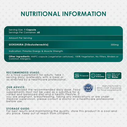 Nutritional information label for a supplement with text and icons on a white background.