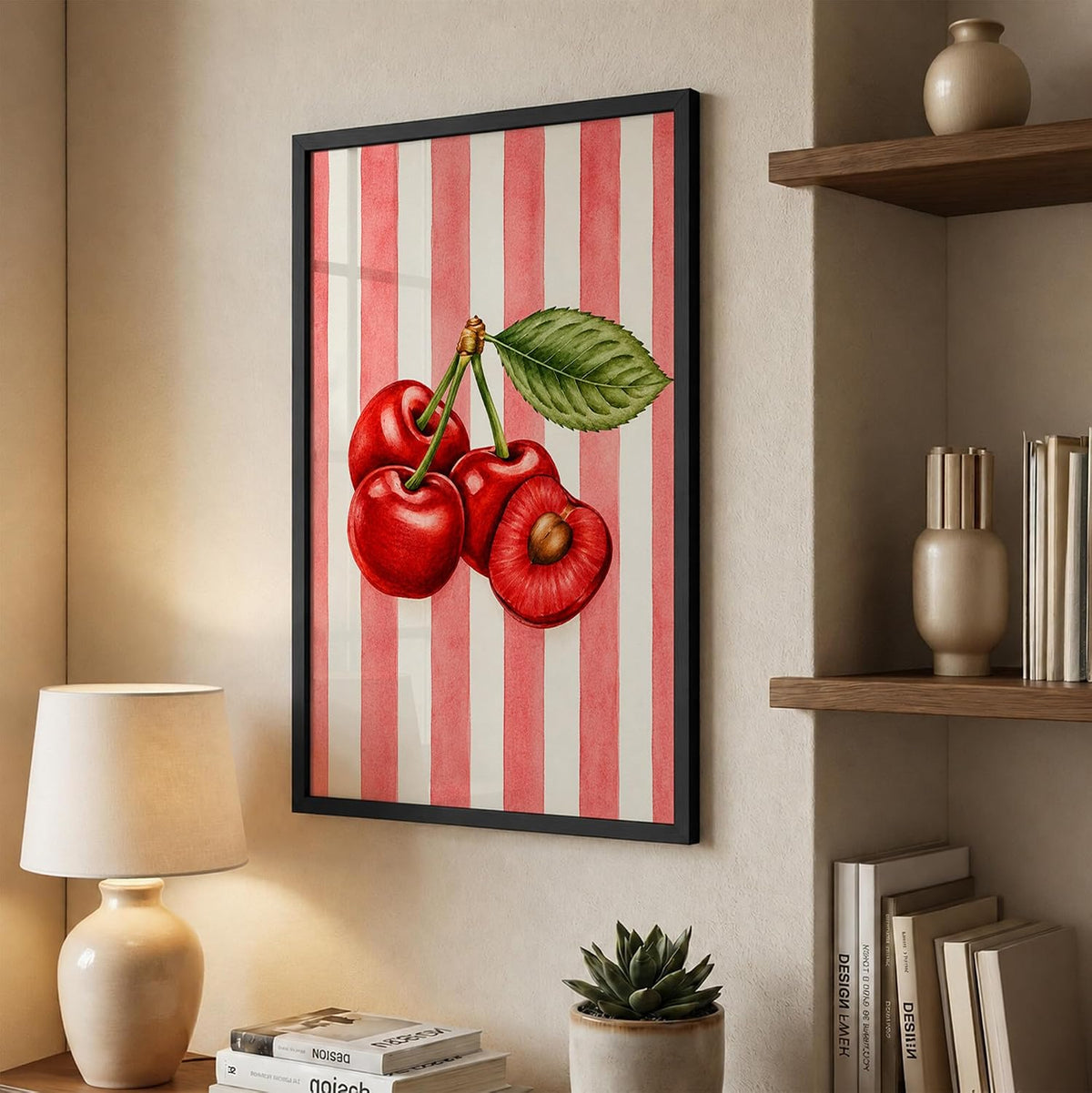 Cherry Wall Art Framed Painting for Home Decor, Red Fruit Botanical Illustration Wall Decor for Living Room Bedroom Office, Retro Aesthetic Room Decoration (DGN01-Black10x13 inch)