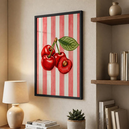 Cherry Wall Art Framed Painting for Home Decor, Red Fruit Botanical Illustration Wall Decor for Living Room Bedroom Office, Retro Aesthetic Room Decoration (DGN01-Black10x13 inch)