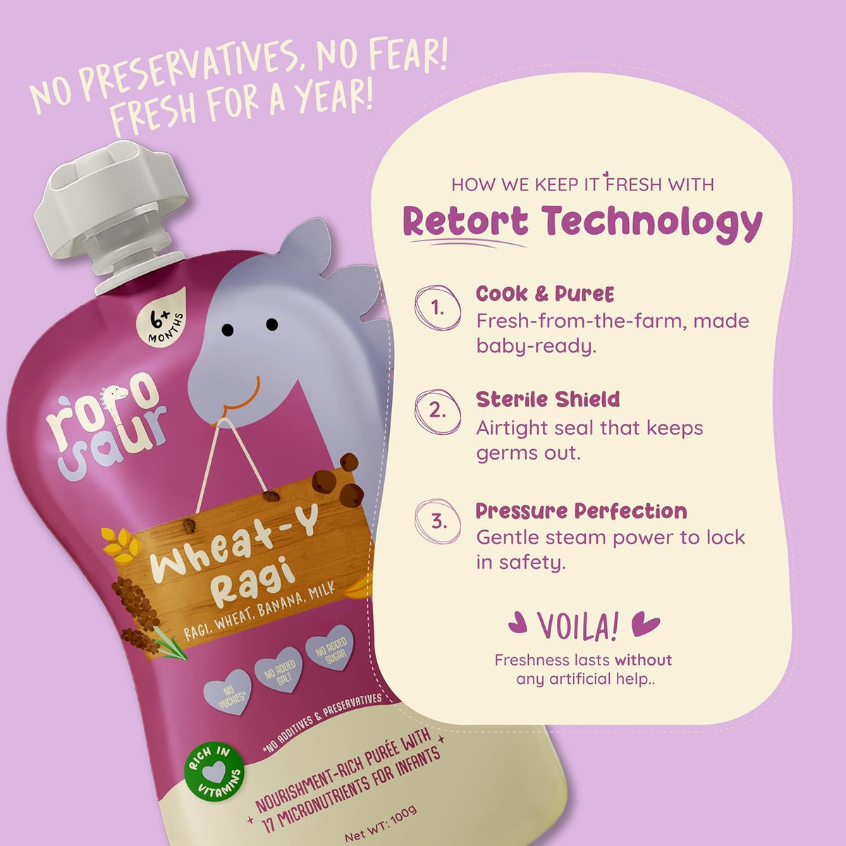 Rorosaur Ready to Eat Wheaty Ragi Baby Food Puree Pouch 100g each, Pk of 2 | Made with Ragi, Wheat, Banana Porridge for 6+ Months Baby | Easy to Digest, 100% Natural Healthy, No Preservatives, No Sugar