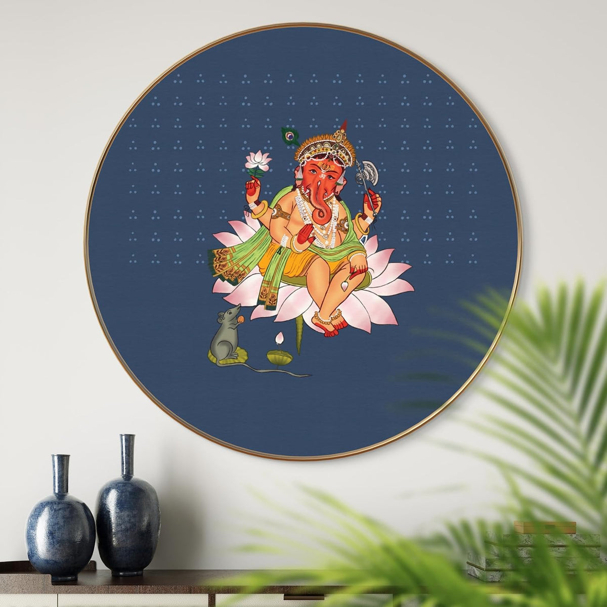 Lord Ganesha Round Art Print with Golden Frame | Ganpati on Lotus HD Divine Art Print for Pooja Room Living Room Temple Decor 16 Inch x 16 Inch
