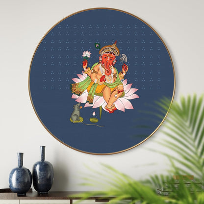 Lord Ganesha Round Art Print with Golden Frame | Ganpati on Lotus HD Divine Art Print for Pooja Room Living Room Temple Decor 16 Inch x 16 Inch