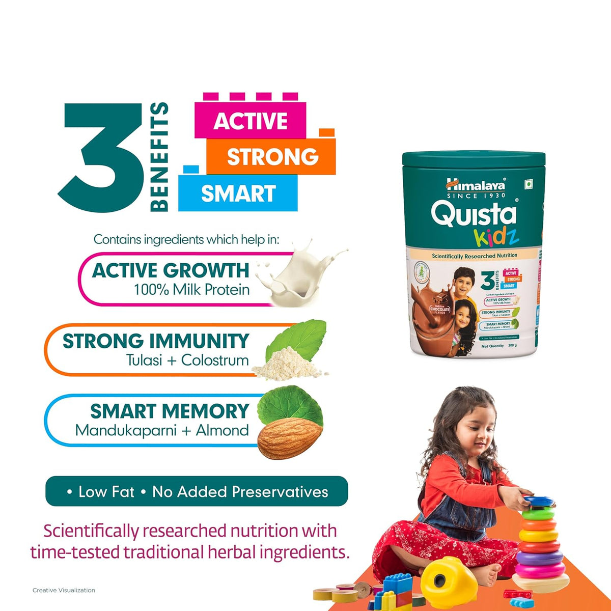 Himalaya Quista Kidz supplement with child playing and benefits listed on a white background