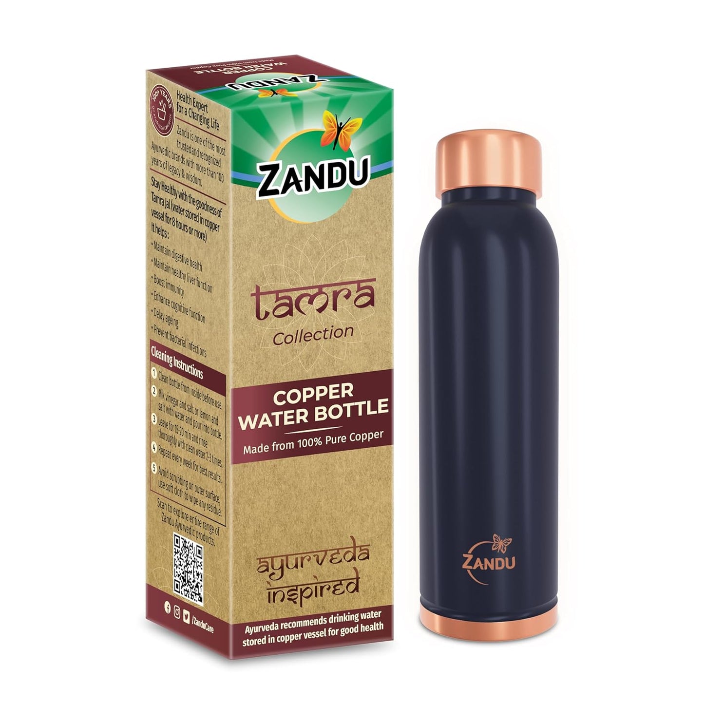 Zandu Copper Bottle (Blue): Prepared with 100% Pure Copper |Supports Digestive & Liver Health | Helps Enhance Immunity| Useful in Promoting Overall Health (Pack of 950 ml)