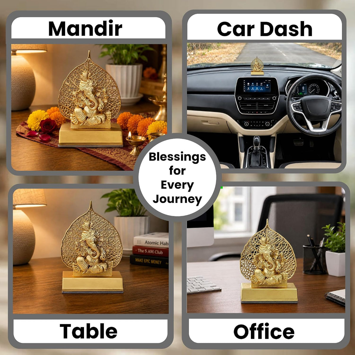 Metal Lord Ganesha Idol – Golden Car Dashboard & Home Decor Showpiece Golden SIA484