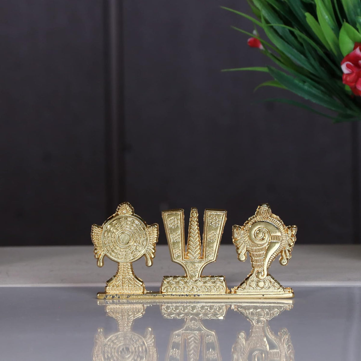 Tirupati Balaji Symbol Stand Shankh Chakra Namah Gold Plating Antique Decorative for Car Dashboard Home & Office Table Showpiece Figurines,Religious Gift Idol...