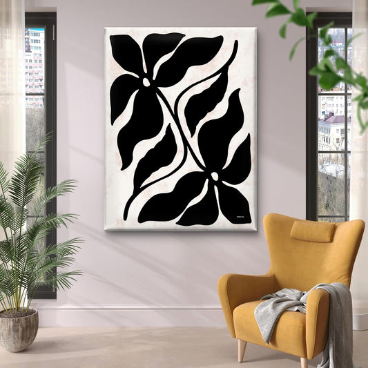 Black Botanical Framed Canvas Wall Art – Abstract Minimalist Floral Design on Off-White Background | Modern Decorative Painting for Living Room & Bedroom (18 x 24 Inch) CVD-374