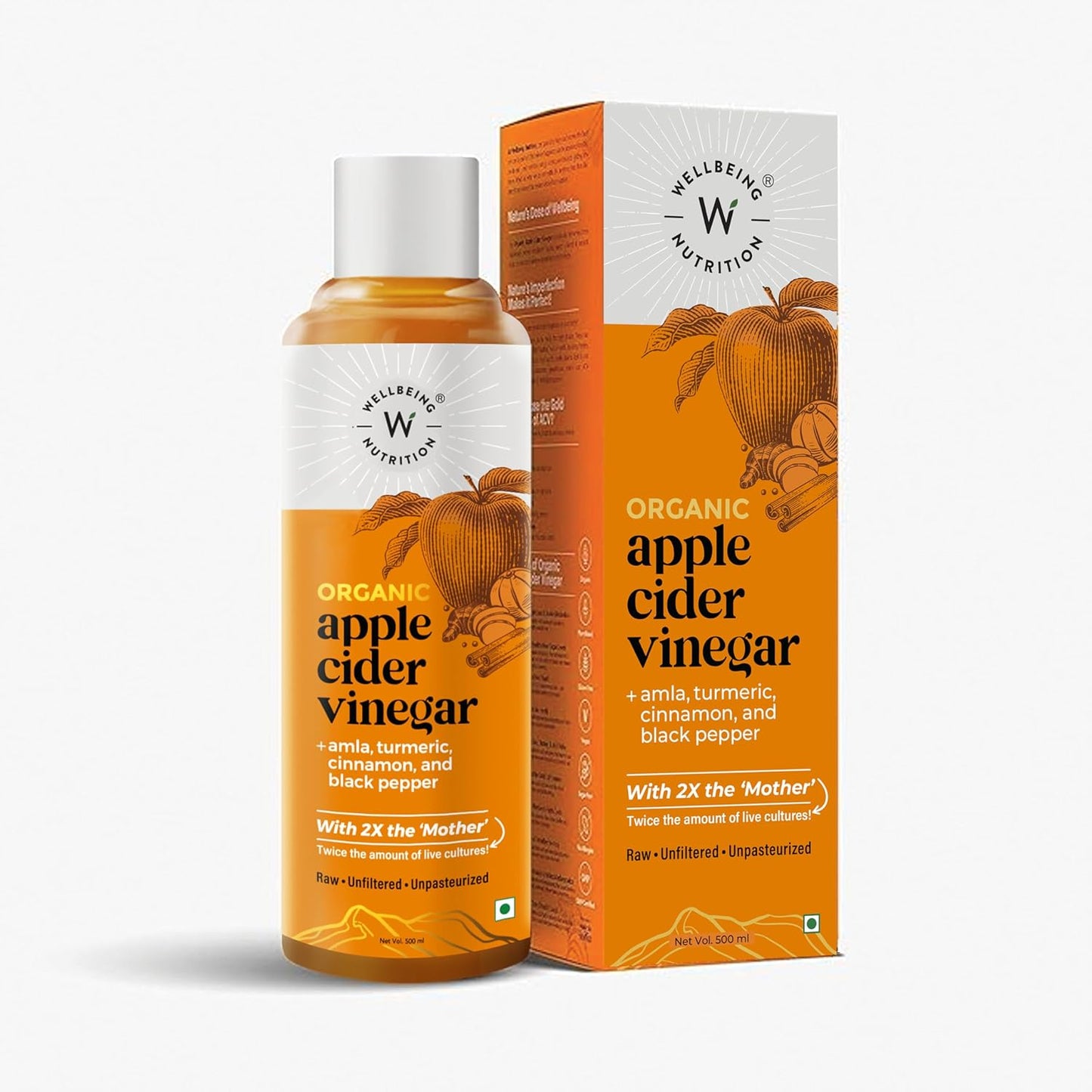 Wellbeing Nutrition Apple Cider Vinegar with Turmeric, Amla, Cinnamon and Black Pepper | Raw Unfiltered with 2X The Mother | Supports Weight Management, Boost Immunity & Detox, Skin Health | 500ml