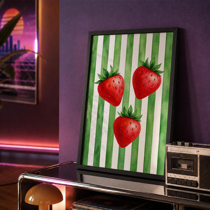 Strawberry Wall Art Framed Painting for Home Decor, Fruit Botanical Artwork Wall Decor for Living Room Bedroom Kitchen Dining Room, Green Retro Aesthetic Room Decoration (DGN06-Black10x13 inch)