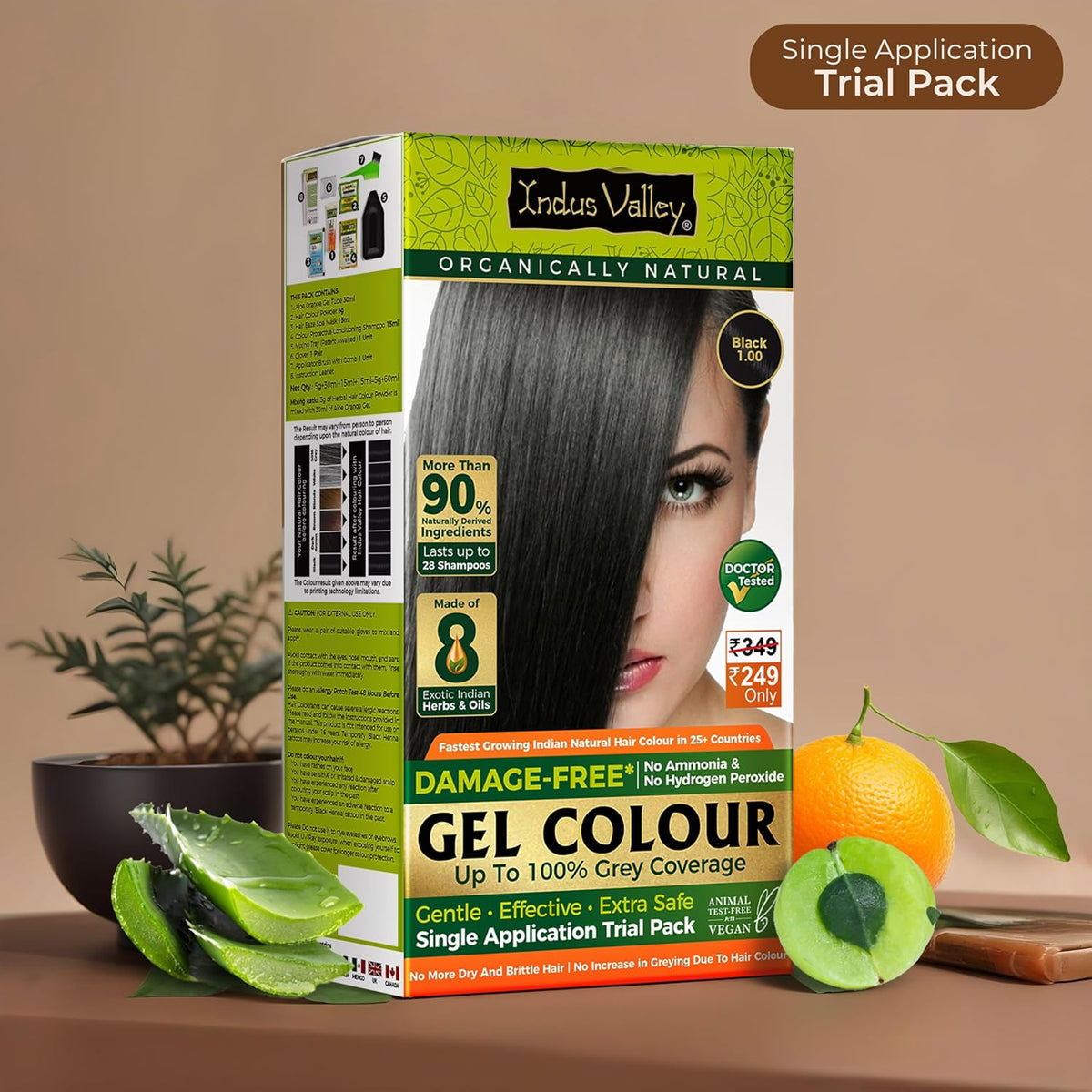 Indus Valley Gel Colour packaging with a woman's face on it, surrounded by natural elements like an orange and aloe vera leaves.