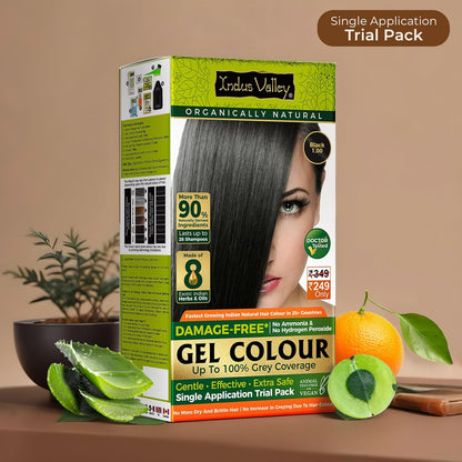 Indus Valley Gel Colour packaging with a woman's face on it, surrounded by natural elements like an orange and aloe vera leaves.