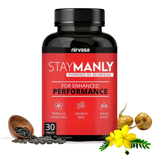 Nirvasa StayManly Tablets (30 Tabs) | Ayurvedic Strength, Stamina & Performance Booster | Boosts Energy, Endurance & Vitality | Tribulus Terrestris, Ashwagandha, Safed Musli & Shilajit