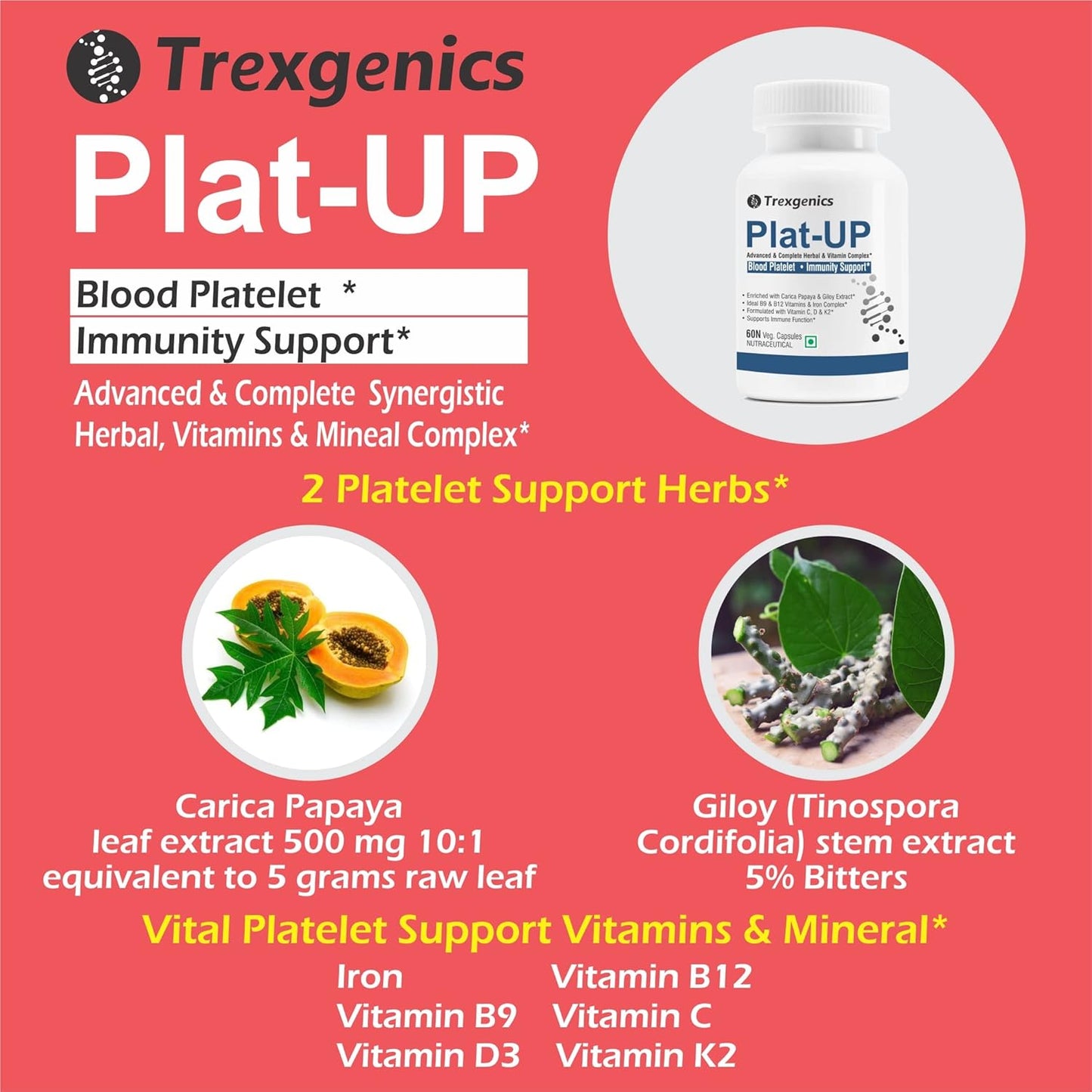 Advertisement for Trexgenics Plat-Up supplement on a red background with product image and text.