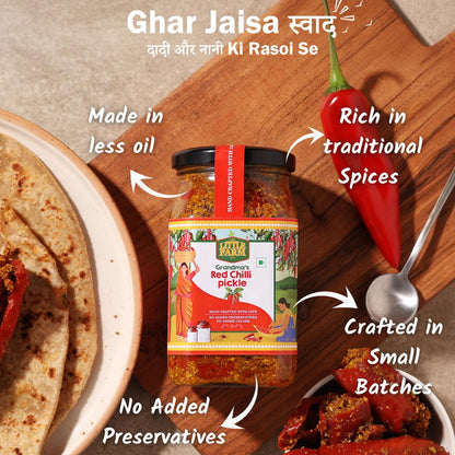 THE LITTLE FARM CO Banarasi Red Chilli Pickle - Lal Mirch ka Achar | Less Oil Mustard Base Homestyle Bharwa Lal Mirch Ka Achar with Spicy Flavour | No Added Preservatives, Artificial Colours & Flavours