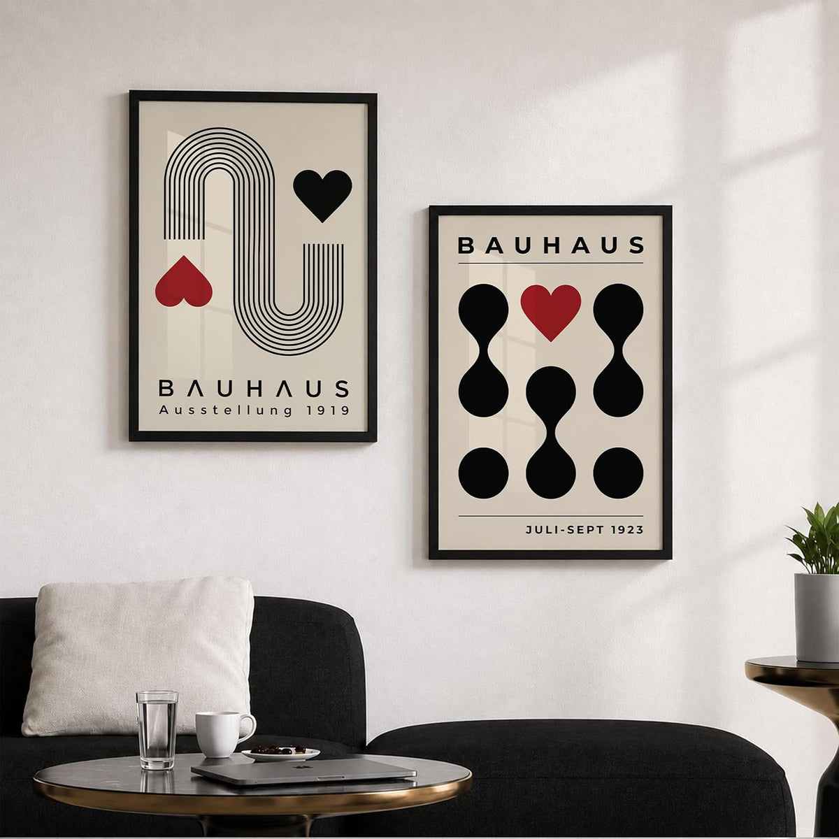 Bauhaus Wall Art Set of 2 Framed Paintings | Geometric Abstract Modern Art Poster Black Red | Living Room Office Contemporary Home Décor (Art 14, 10x13 Inches)