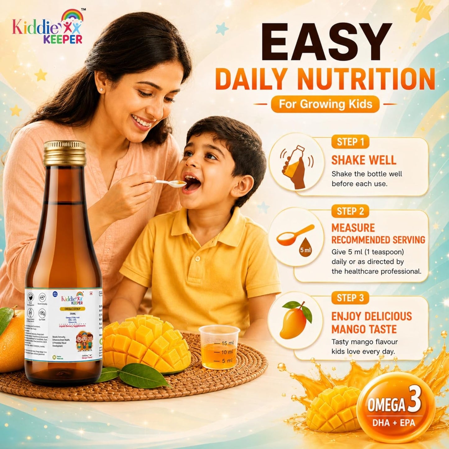 Omega-3 Fish Oil Syrup for Kids 4+ Years | DHA & EPA with Vitamin D3 | Mango Flavoured Liquid Supplement | No Added Sugar, No Preservatives | 200 ml