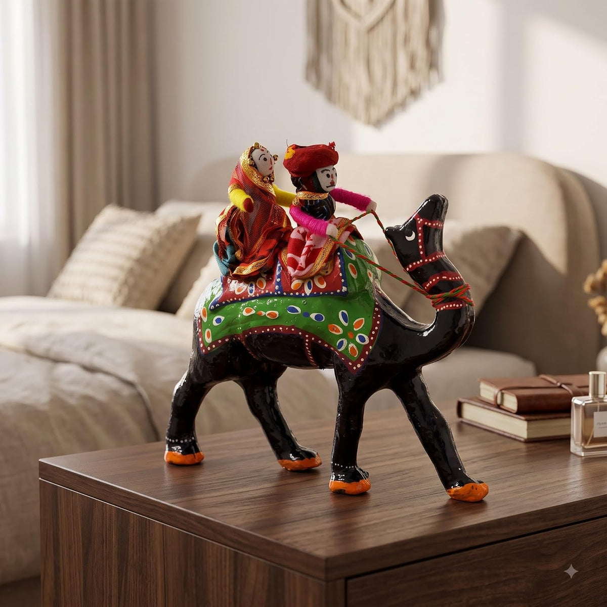 JH Gallery Handmade Recycled Material Figurines Rajasthani Doll Couple Rider Idol Showpiece, Multicolor (18 * 16 * 5cm) (Camel)