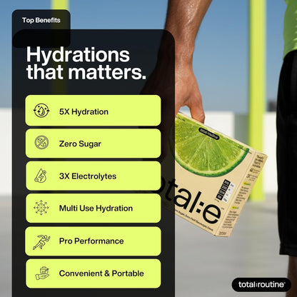 Product packaging with hydration benefits listed and a person holding it.